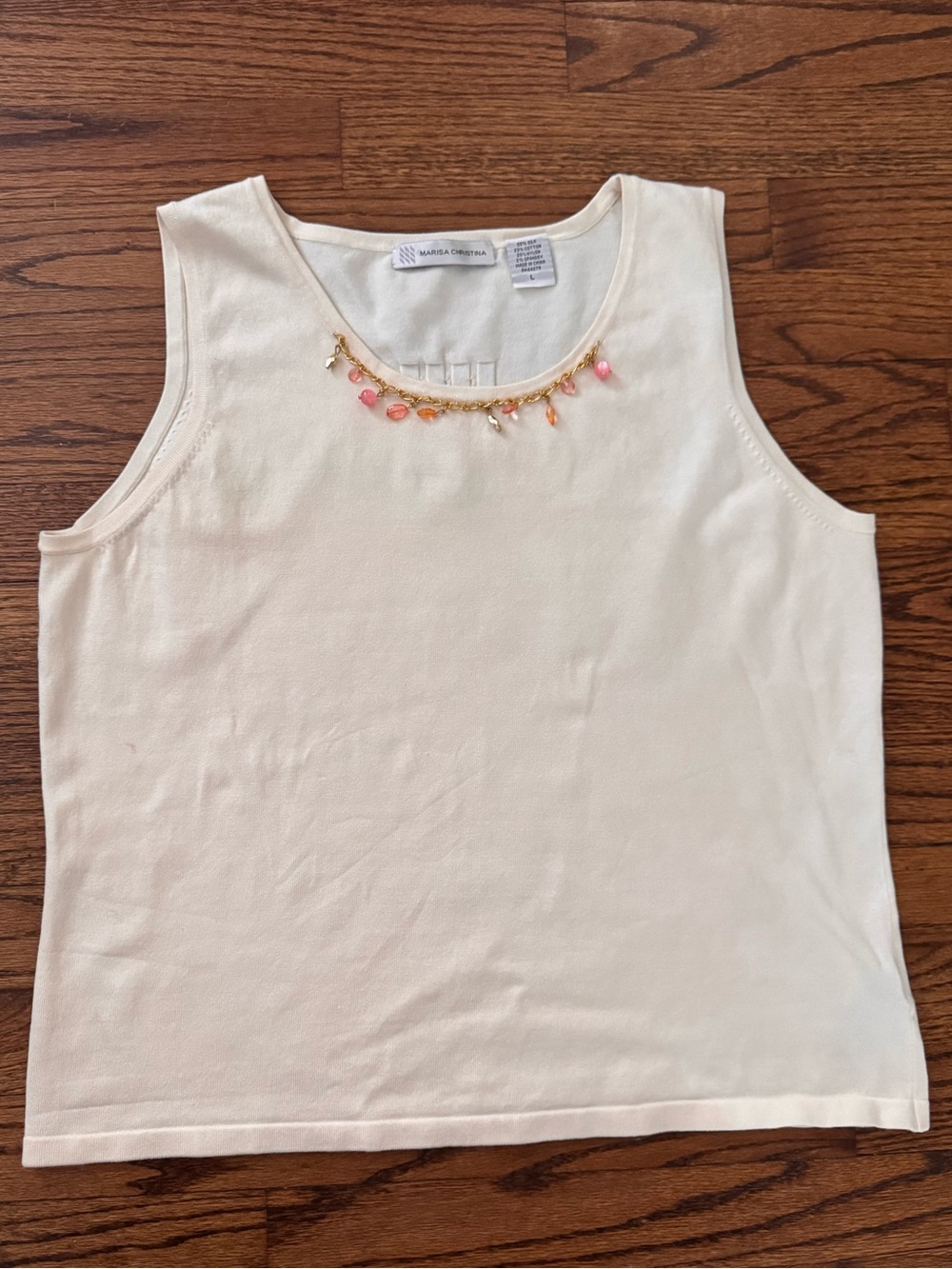 Vtg Marisa Christina Cream Knit Tank Gold Beaded Neckline Size Large Silk Cotton